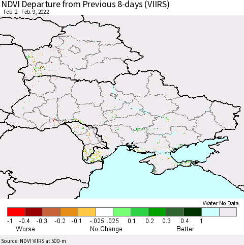 Ukraine, Moldova and Belarus NDVI Departure from Previous 8-days (VIIRS) Thematic Map For 2/2/2022 - 2/9/2022