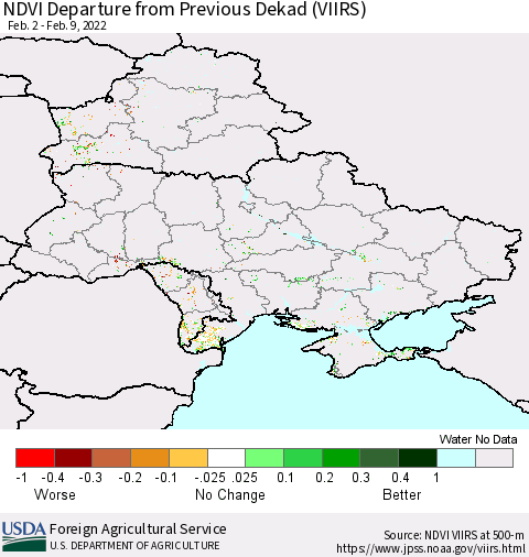 Ukraine, Moldova and Belarus NDVI Departure from Previous Dekad (VIIRS) Thematic Map For 2/1/2022 - 2/10/2022