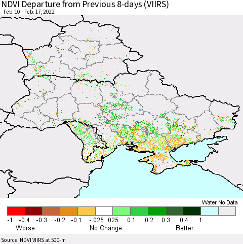 Ukraine, Moldova and Belarus NDVI Departure from Previous 8-days (VIIRS) Thematic Map For 2/10/2022 - 2/17/2022