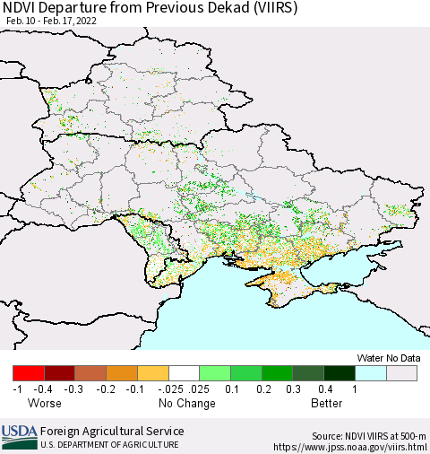 Ukraine, Moldova and Belarus NDVI Departure from Previous Dekad (VIIRS) Thematic Map For 2/11/2022 - 2/20/2022