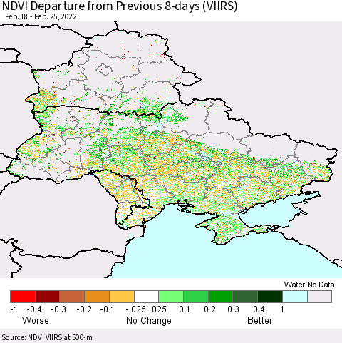 Ukraine, Moldova and Belarus NDVI Departure from Previous 8-days (VIIRS) Thematic Map For 2/18/2022 - 2/25/2022