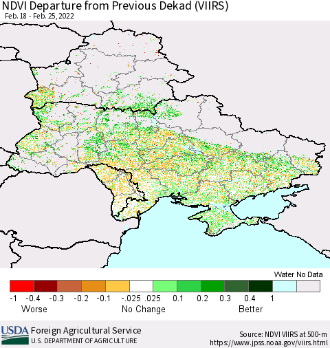 Ukraine, Moldova and Belarus NDVI Departure from Previous Dekad (VIIRS) Thematic Map For 2/21/2022 - 2/28/2022