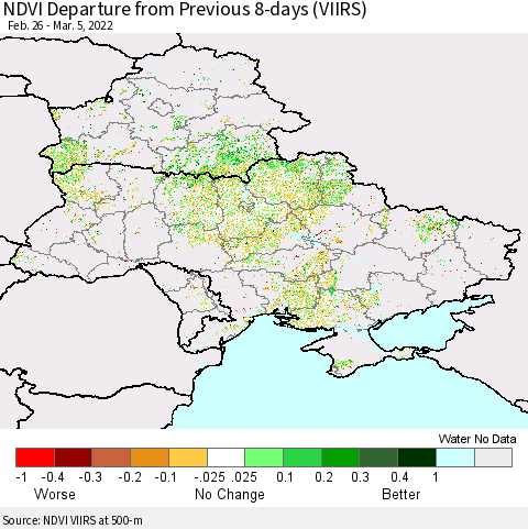 Ukraine, Moldova and Belarus NDVI Departure from Previous 8-days (VIIRS) Thematic Map For 2/26/2022 - 3/5/2022