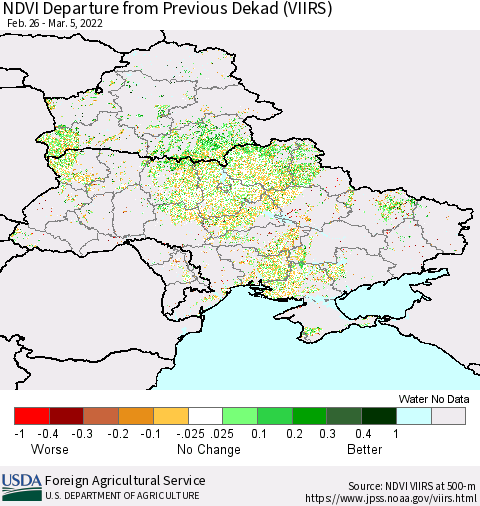 Ukraine, Moldova and Belarus NDVI Departure from Previous Dekad (VIIRS) Thematic Map For 3/1/2022 - 3/10/2022