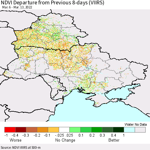 Ukraine, Moldova and Belarus NDVI Departure from Previous 8-days (VIIRS) Thematic Map For 3/6/2022 - 3/13/2022