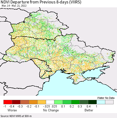 Ukraine, Moldova and Belarus NDVI Departure from Previous 8-days (VIIRS) Thematic Map For 3/14/2022 - 3/21/2022
