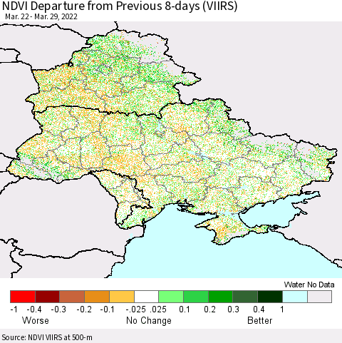 Ukraine, Moldova and Belarus NDVI Departure from Previous 8-days (VIIRS) Thematic Map For 3/22/2022 - 3/29/2022