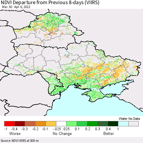 Ukraine, Moldova and Belarus NDVI Departure from Previous 8-days (VIIRS) Thematic Map For 3/30/2022 - 4/6/2022