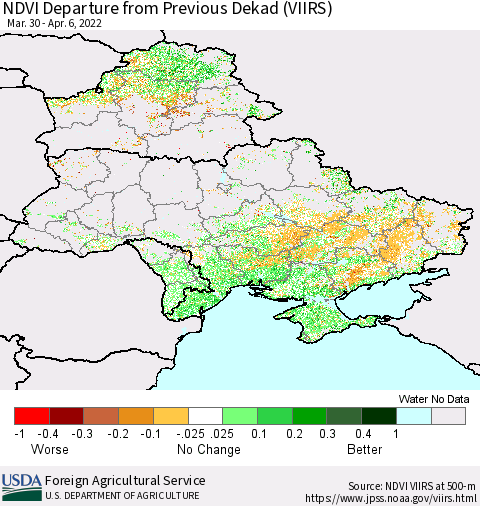 Ukraine, Moldova and Belarus NDVI Departure from Previous Dekad (VIIRS) Thematic Map For 4/1/2022 - 4/10/2022
