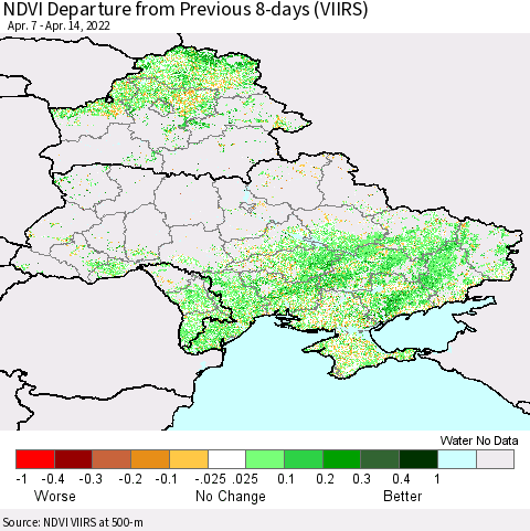 Ukraine, Moldova and Belarus NDVI Departure from Previous 8-days (VIIRS) Thematic Map For 4/7/2022 - 4/14/2022