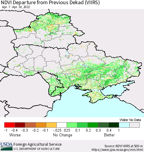 Ukraine, Moldova and Belarus NDVI Departure from Previous Dekad (VIIRS) Thematic Map For 4/11/2022 - 4/20/2022