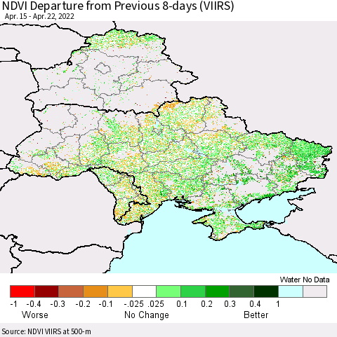 Ukraine, Moldova and Belarus NDVI Departure from Previous 8-days (VIIRS) Thematic Map For 4/15/2022 - 4/22/2022