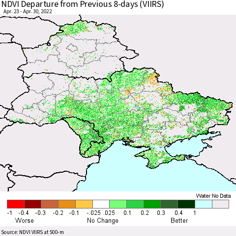 Ukraine, Moldova and Belarus NDVI Departure from Previous Dekad (VIIRS) Thematic Map For 4/21/2022 - 4/30/2022