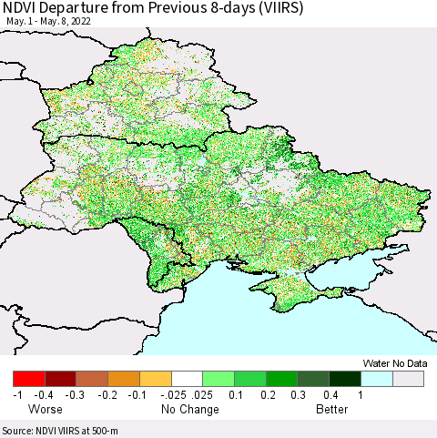 Ukraine, Moldova and Belarus NDVI Departure from Previous 8-days (VIIRS) Thematic Map For 5/1/2022 - 5/8/2022