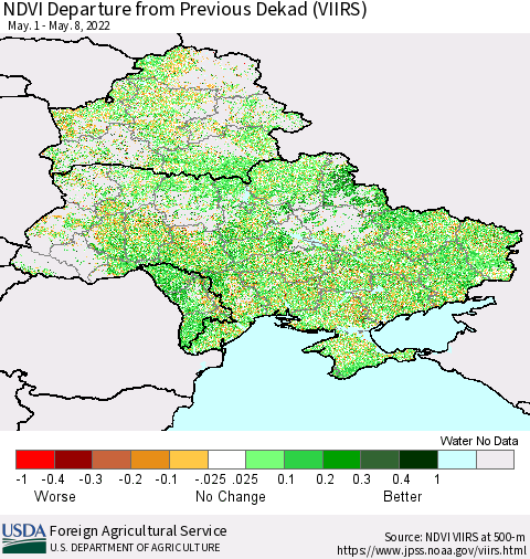 Ukraine, Moldova and Belarus NDVI Departure from Previous Dekad (VIIRS) Thematic Map For 5/1/2022 - 5/10/2022