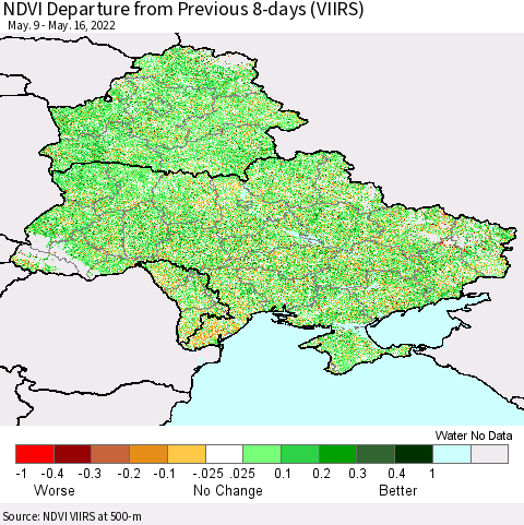 Ukraine, Moldova and Belarus NDVI Departure from Previous 8-days (VIIRS) Thematic Map For 5/9/2022 - 5/16/2022