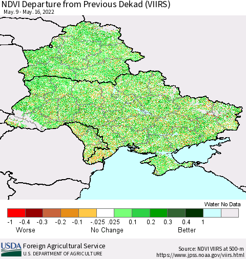 Ukraine, Moldova and Belarus NDVI Departure from Previous Dekad (VIIRS) Thematic Map For 5/11/2022 - 5/20/2022