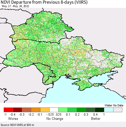 Ukraine, Moldova and Belarus NDVI Departure from Previous 8-days (VIIRS) Thematic Map For 5/17/2022 - 5/24/2022
