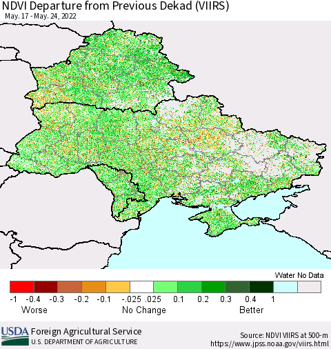 Ukraine, Moldova and Belarus NDVI Departure from Previous Dekad (VIIRS) Thematic Map For 5/21/2022 - 5/31/2022