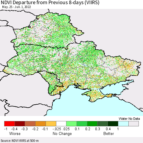 Ukraine, Moldova and Belarus NDVI Departure from Previous 8-days (VIIRS) Thematic Map For 5/25/2022 - 6/1/2022