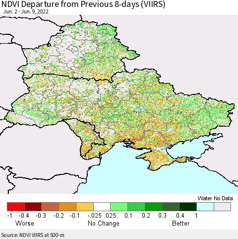 Ukraine, Moldova and Belarus NDVI Departure from Previous 8-days (VIIRS) Thematic Map For 6/2/2022 - 6/9/2022