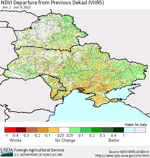 Ukraine, Moldova and Belarus NDVI Departure from Previous Dekad (VIIRS) Thematic Map For 6/1/2022 - 6/10/2022