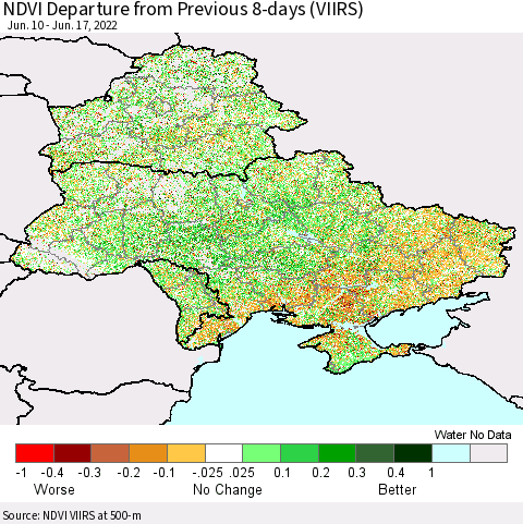 Ukraine, Moldova and Belarus NDVI Departure from Previous 8-days (VIIRS) Thematic Map For 6/10/2022 - 6/17/2022