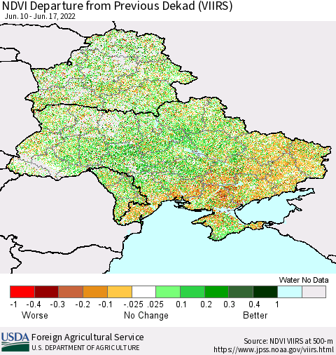 Ukraine, Moldova and Belarus NDVI Departure from Previous Dekad (VIIRS) Thematic Map For 6/11/2022 - 6/20/2022