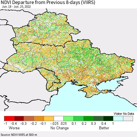 Ukraine, Moldova and Belarus NDVI Departure from Previous 8-days (VIIRS) Thematic Map For 6/18/2022 - 6/25/2022