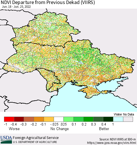 Ukraine, Moldova and Belarus NDVI Departure from Previous Dekad (VIIRS) Thematic Map For 6/21/2022 - 6/30/2022