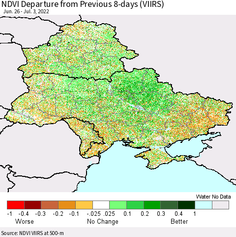 Ukraine, Moldova and Belarus NDVI Departure from Previous 8-days (VIIRS) Thematic Map For 6/26/2022 - 7/3/2022