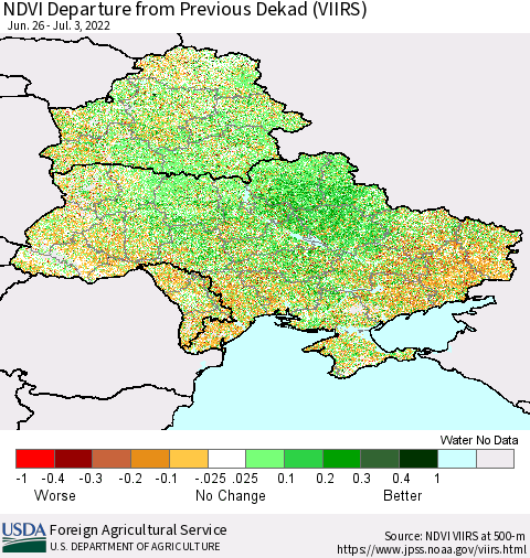 Ukraine, Moldova and Belarus NDVI Departure from Previous Dekad (VIIRS) Thematic Map For 7/1/2022 - 7/10/2022