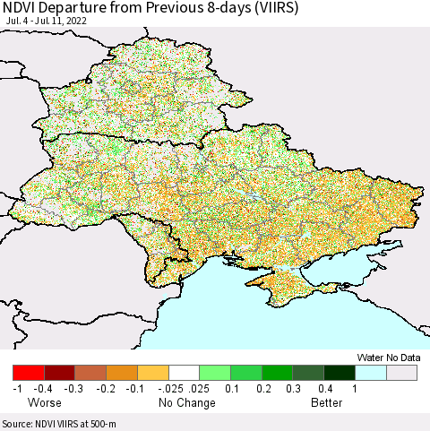 Ukraine, Moldova and Belarus NDVI Departure from Previous 8-days (VIIRS) Thematic Map For 7/4/2022 - 7/11/2022