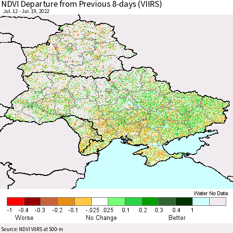 Ukraine, Moldova and Belarus NDVI Departure from Previous 8-days (VIIRS) Thematic Map For 7/12/2022 - 7/19/2022