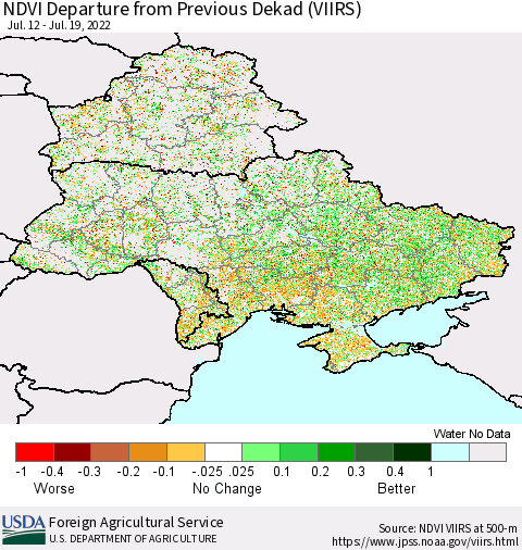 Ukraine, Moldova and Belarus NDVI Departure from Previous Dekad (VIIRS) Thematic Map For 7/11/2022 - 7/20/2022