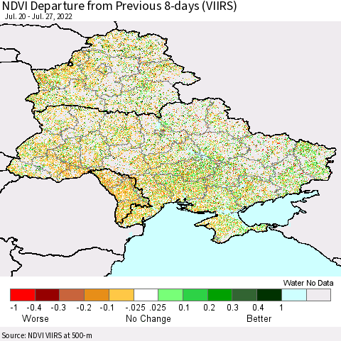 Ukraine, Moldova and Belarus NDVI Departure from Previous 8-days (VIIRS) Thematic Map For 7/20/2022 - 7/27/2022