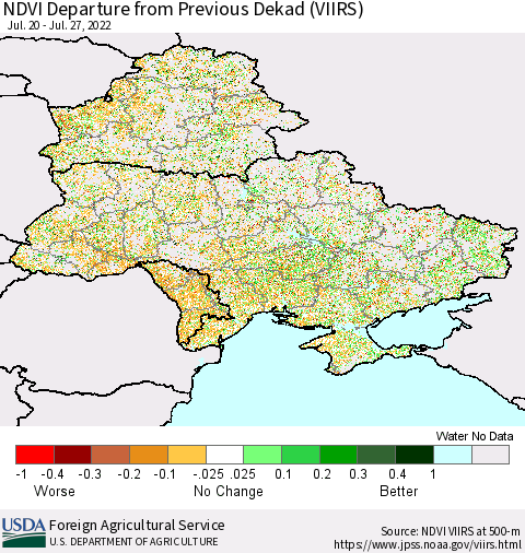 Ukraine, Moldova and Belarus NDVI Departure from Previous Dekad (VIIRS) Thematic Map For 7/21/2022 - 7/31/2022