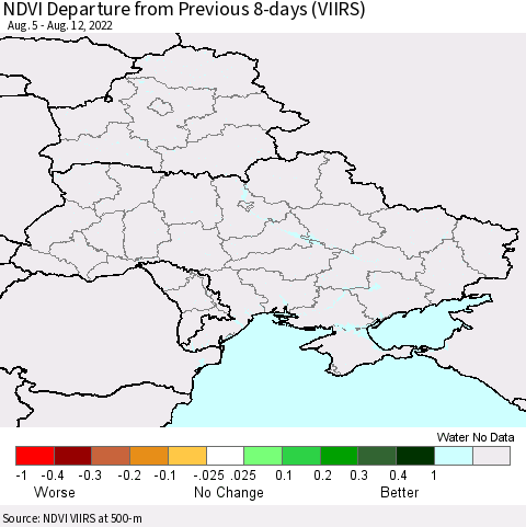 Ukraine, Moldova and Belarus NDVI Departure from Previous 8-days (VIIRS) Thematic Map For 8/5/2022 - 8/12/2022