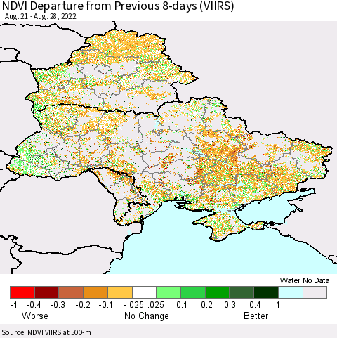 Ukraine, Moldova and Belarus NDVI Departure from Previous 8-days (VIIRS) Thematic Map For 8/21/2022 - 8/28/2022
