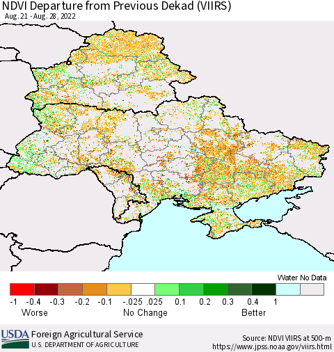 Ukraine, Moldova and Belarus NDVI Departure from Previous Dekad (VIIRS) Thematic Map For 8/21/2022 - 8/31/2022