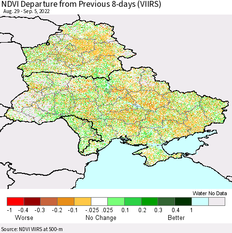 Ukraine, Moldova and Belarus NDVI Departure from Previous 8-days (VIIRS) Thematic Map For 8/29/2022 - 9/5/2022