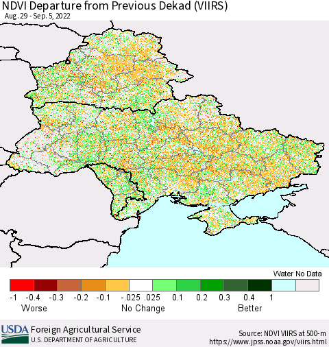 Ukraine, Moldova and Belarus NDVI Departure from Previous Dekad (VIIRS) Thematic Map For 9/1/2022 - 9/10/2022
