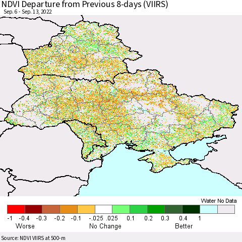Ukraine, Moldova and Belarus NDVI Departure from Previous 8-days (VIIRS) Thematic Map For 9/6/2022 - 9/13/2022