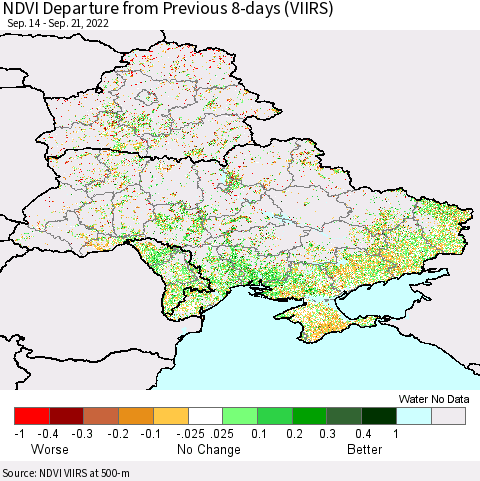 Ukraine, Moldova and Belarus NDVI Departure from Previous 8-days (VIIRS) Thematic Map For 9/14/2022 - 9/21/2022