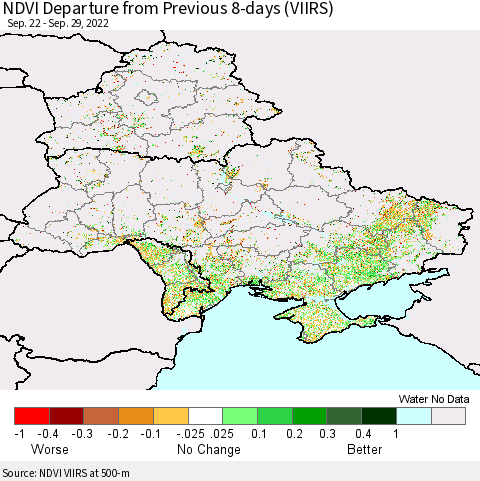 Ukraine, Moldova and Belarus NDVI Departure from Previous 8-days (VIIRS) Thematic Map For 9/22/2022 - 9/29/2022