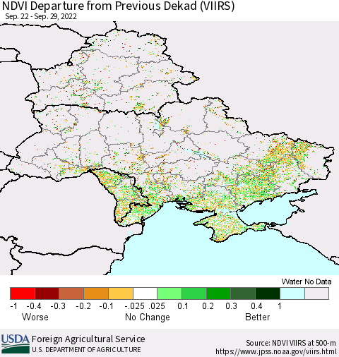 Ukraine, Moldova and Belarus NDVI Departure from Previous Dekad (VIIRS) Thematic Map For 9/21/2022 - 9/30/2022