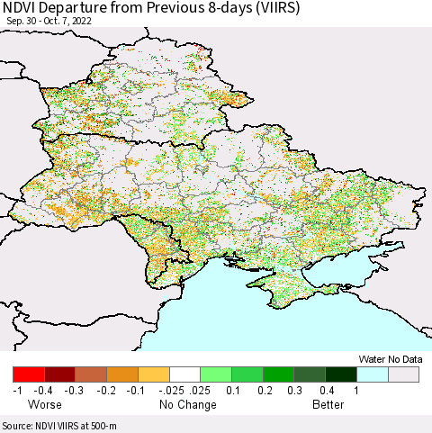 Ukraine, Moldova and Belarus NDVI Departure from Previous 8-days (VIIRS) Thematic Map For 9/30/2022 - 10/7/2022