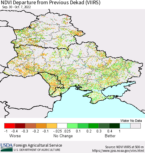 Ukraine, Moldova and Belarus NDVI Departure from Previous Dekad (VIIRS) Thematic Map For 10/1/2022 - 10/10/2022