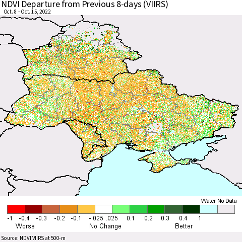 Ukraine, Moldova and Belarus NDVI Departure from Previous 8-days (VIIRS) Thematic Map For 10/8/2022 - 10/15/2022