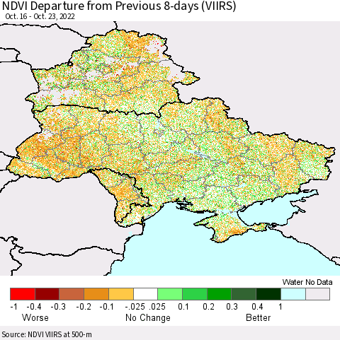 Ukraine, Moldova and Belarus NDVI Departure from Previous 8-days (VIIRS) Thematic Map For 10/16/2022 - 10/23/2022